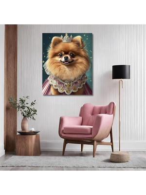 Gaagart Tekli Dikey Kanvas Duvar Tablosu Prenses Kostümlü Pembe Pomarian Köpek