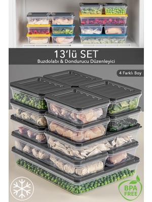 Meleni Home 13'lü Buzdolabı Organizer Mikrodalga ve Difrize Uygun Saklama Kabı 1X2400ML-2X1170-2X1200ML-8X600ML