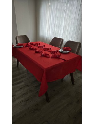 Zesa Home Colber Çizgi Detaylı Masa Örtüsü Kırmızı 8 Kişilik 18 Parça - Masa 160X180...160X350