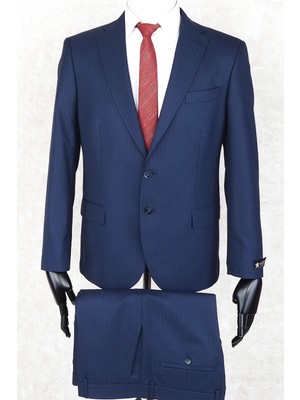 Jan Carlucci Regular Fit Mono Yaka Iki Düğme-Çift Yırtmaç  Lacivert Çizgili Drop 4 Takım Elbise