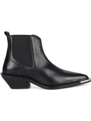 FootCourt Siyah Deri Lastikli Kadın Kovboy Botu Kyoto