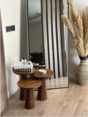 Simillo Home & Living Wood Wooden 3’lü Set Fitilli Derin Çizgili Mantar Yan Sehpa Modern Açık Ceviz Renk Fiskos