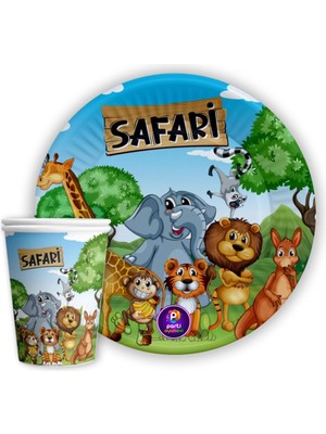 Parti Ustası Safari Temalı 8'li Karton Tabak ve Bardak Seti Renkli Desenli Parti Malzemeleri