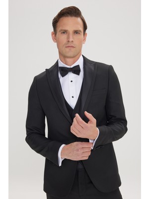 Altınyıldız Classics Erkek Siyah Slim Fit Dar Kesim Kırlangıç Yaka Balıksırtı Desenli Yelekli Smokin Takım