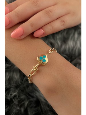 Fiyonk Kuyumculuk 14 Ayar Altın Renkli Kalp Detaylı Ataç Zincir Bileklik