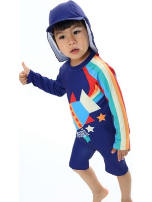 Podium Giyim Yeni Sezon Renkli Roket Desenli Kareoka Dikişli Uzun Kollu Alt Paraşüt Şort Uv Korumalı Mayo Takımı