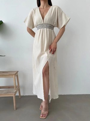 Durush Butikk Kadın Gipe Yırtmaç Detaylı Uzun Astarlı Keten Elbise-Bej