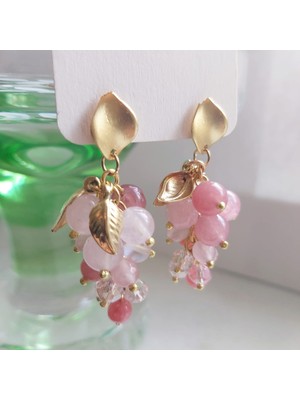 Devi Fashion Doğal Pembe Kuvars Taşlı Özel Tasarım Salkım Küpe