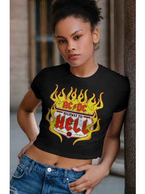 Fuddy Moda Ac Dc Highway To Hell Baskılı Crop Top, Kadın Rock Temalı Crop Bluz
