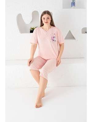 Farya Home X-Dreamy Büyük Beden Pamuklu Desenli Düğmeli Yaka Kapri Pijama Takımı