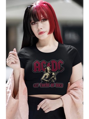 Fuddy Moda Ac Dc Let There Be Rock Baskılı Crop Top, Kadın Rock Temalı Crop Bluz