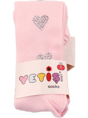 Yetiş Socks Kalpli Taşlı Kız Kilotlu Çorap Pembe