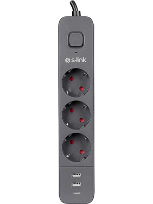 S-Link SPG03U 2 USB +1type C 5V2.4A 1.5m 3X1.00MM 100% Bakır 750 Joule 3 Lü Anahtarlı Akım Korumalı Siyah Priz