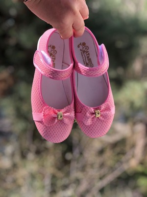 Kız Çocuk Cırt Cırtlı Pembe Babet , Fiyonk Detaylı Babet,kaydırmaz Taban Babet