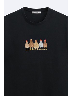 Loss Buttom Ağır Kumaş Chicken's Nakışlı Oversize T-Shirt