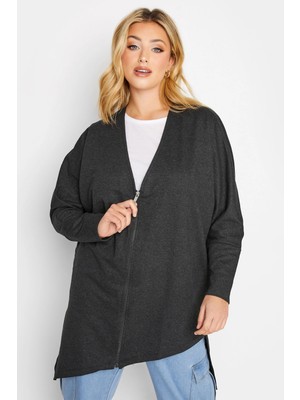 Büyük Beden Asimetrik Kesim Fermuarlı Uzun Kollu Ince Hırka 301222