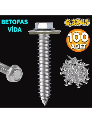 Badem10 Betofast Vidası 6.3X45 Paket 100 Adet Sivri Uçlu Çatı Panel Beton Ağaç Vidası