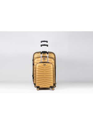 LIGHTINGHM Abs 4 Tekerlekli Yerli Üretim Fermuarlı 3 Lü Valiz Seti Seyahat Çantası  Kemer Desen Gold Altın