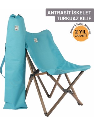 Bag The Joy Ahşap Katlanır Kamp Sandalyesi |Bahçe, Piknik, Balkon | Çantalı - Antrasit İskelet – Turkuaz Kılıf