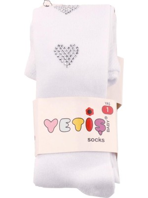 Yetiş Socks Kalpli Taşlı Kız Kilotlu Çorap Beyaz