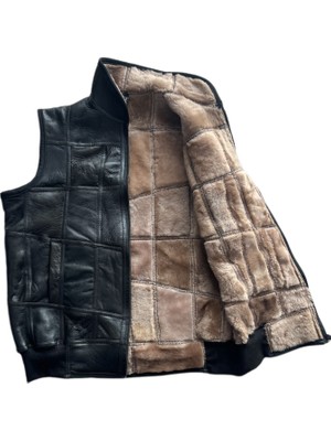 LN Leather Patchwork Içi Kürk-Dışı Süet Hakiki Deri Yakalı Biye ve Triko Detaylı Yelek