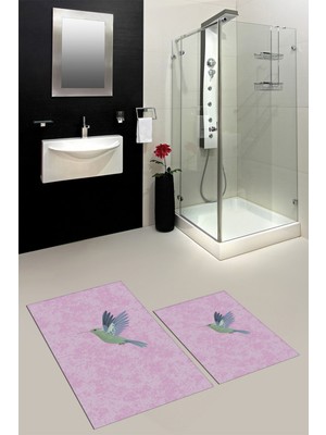 Evdeya Dijital Baskılı Yıkanabilir Modern Kuş Desenli Ikili Banyo Halısı Paspas, Klozet-36-Pembe,