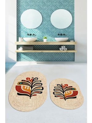 Evdeya Dijital Baskılı Yıkanabilir Renkli Yaprak Desen Ikili Banyo Halısı Oval, Klozet-27-Kahve,