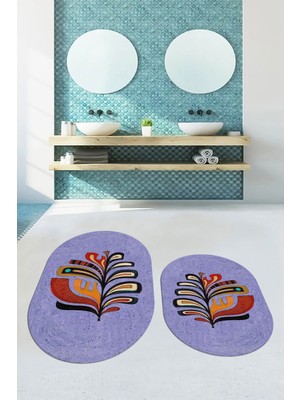 Evdeya Dijital Baskılı Yıkanabilir Renkli Yaprak Desen Ikili Banyo Halısı Oval, Klozet-27-Mavi,