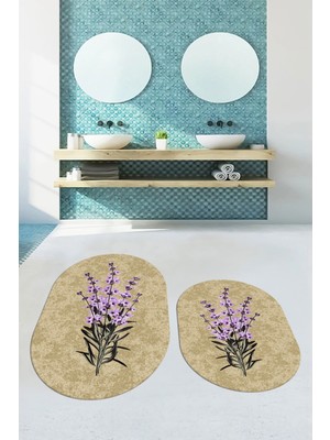 Evdeya Dijital Baskılı Yıkanabilir Modern Çiçekli Ikili Banyo Halısı Paspas Oval, Klozet-29-Kahve,