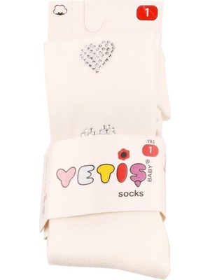 Yetiş Socks Kalpli Taşlı Kız Kilotlu Çorap Krem