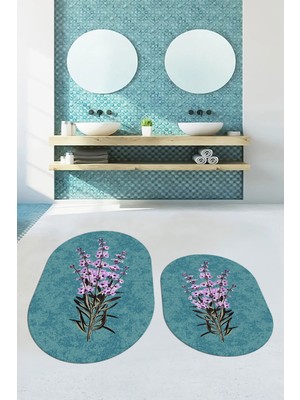 Evdeya Dijital Baskılı Yıkanabilir Modern Çiçekli Ikili Banyo Halısı Paspas Oval, Klozet-29-Mavi,
