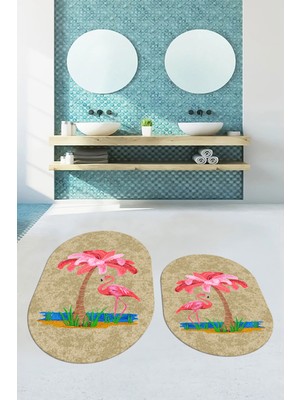 Evdeya Dijital Baskılı Yıkanabilir Flamingo Desenli Ikili Banyo Halısı Paspas Oval, Klozet-30-Kahve,