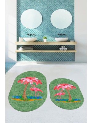 Evdeya Dijital Baskılı Yıkanabilir Flamingo Desenli Ikili Banyo Halısı Paspas Oval, Klozet-30-Yeşil,