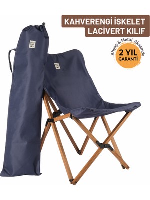 Bag The Joy Ahşap Katlanır Kamp & Bahçe Sandalyesi – Kahverengi Iskelet - Lacivert Kılıf