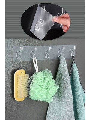 Omilife Yapışkanlı 5 Kancalı Askı Şeffaf Duvar Organizer Banyo Mutfak Çoklu Askı Aparatı