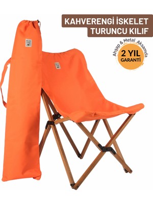 Bag The Joy Ahşap Katlanır Kamp Sandalyesi | Bahçe, Piknik, Balkon | Çantalı - Kahverengi İskelet – Turuncu Kılıf