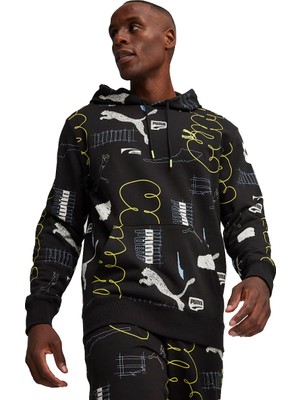 Puma Erkek Kapüşonlu Siyah Desenli Brand Love Sweatshirt Sezonluk Rahat Kesim 62430001