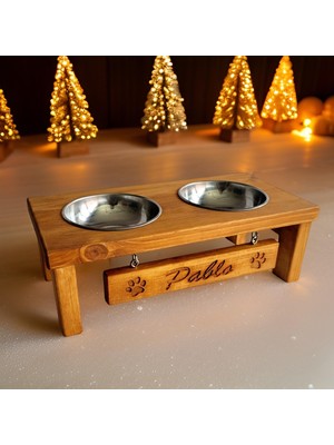 Woodesk Pati Doğal Ahşap Özel Isim Işlemeli Mama ve Su Kabı CPT5011-45