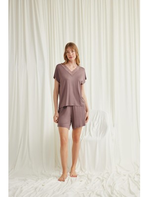 Monamise Kadın Kısa Kollu Dantelli V Yaka Şort Takımı 18590