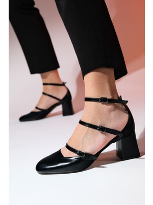 Luvi Beın Siyah Cilt Kadın Kalın Topuklu Ayakkabı