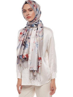 Ipekevi Desenli Ipek Şal - Katmerli Şakayık Desen - Gümüş