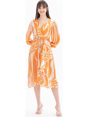 Seçil Kadın Kruvaze Yaka Desenli Elbise 1029 Turuncu