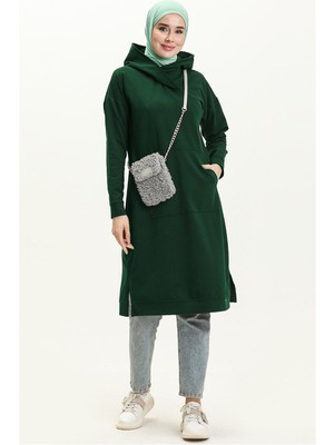 Bwest Aysima Yaka Detaylı Kapşonlu Sade Basic Sweatshirt - 03032.032 - Zümrüt