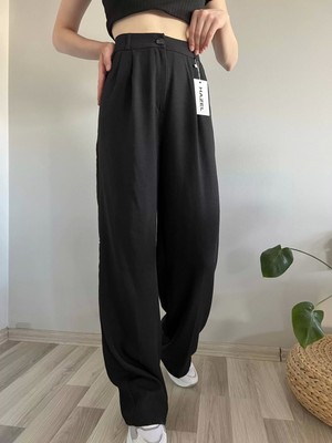 Hazel Kadın Siyah Yüksek Bel Keten Palazzo Pantolon