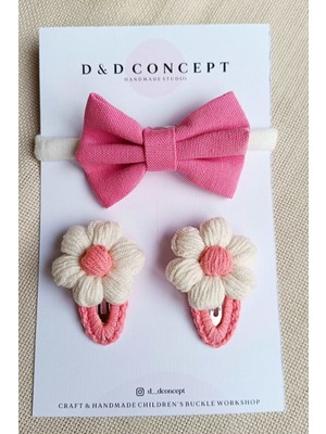 D&D Concept Pembe Papat Çıtçıt Toka ve Fiyonklu Bandana Seti  Kız Çocuk Bebek Yumuşak Bandana