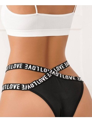 Intive Lingerie Kadın Pamuklu Love Yazılı Şeritli Yüksek Bel Tanga -1020