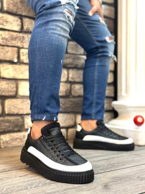 Boa BA0801 Boa Yüksek Taban Siyah Paraşüt Kumaş Beyaz Cilt Detaylı Erkek Ayakkabı