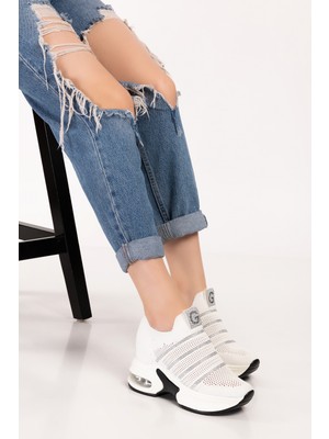 Kadın Beyaz Taşlı Gizli Dolgu Topuk Sneakers