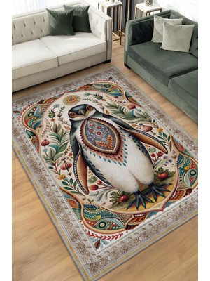 Homshtag Nuh'un Gemisi Koleksiyonu Penguen Çiçek Temalı Vintage Renkli Maksimalist Halı