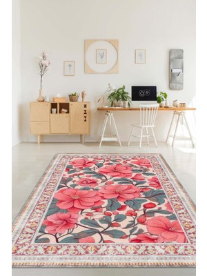 Homshtag Art Deco Begonya Vintage Halı Görünümlü Dijital Baskı Renkli Halı Rustik Çiçekli Halı